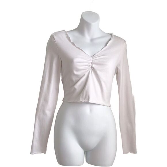 Shein Lettuce Edge Ruched Long Sleeve Baby Tee Crop Top White Large - Picture 11 of 12